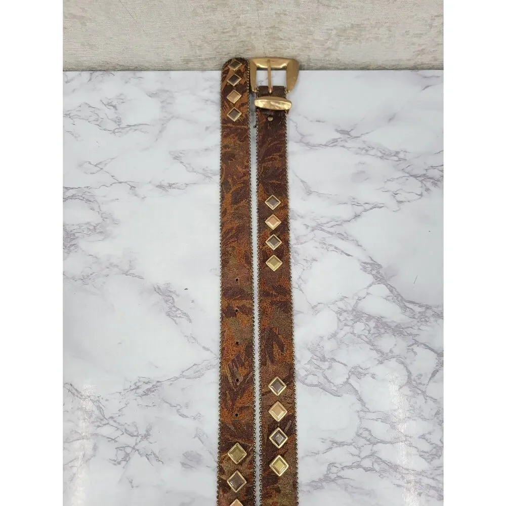 Century Canada Studded Brown Suede Leather Belt with Gold Buckle